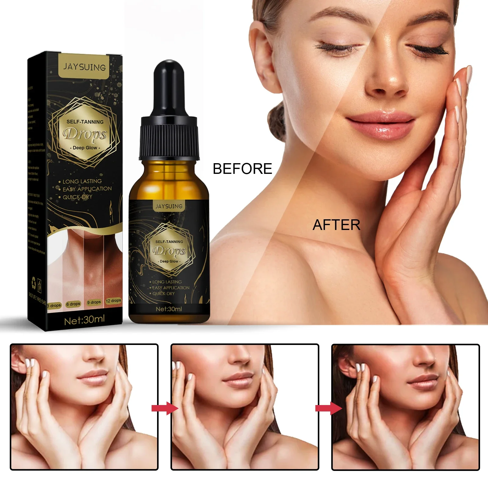 Jaysuing 30ml Essência preta para criar hidratação natural bronzeada pele sem sol hidratante facial e essência de cuidados com o pescoço