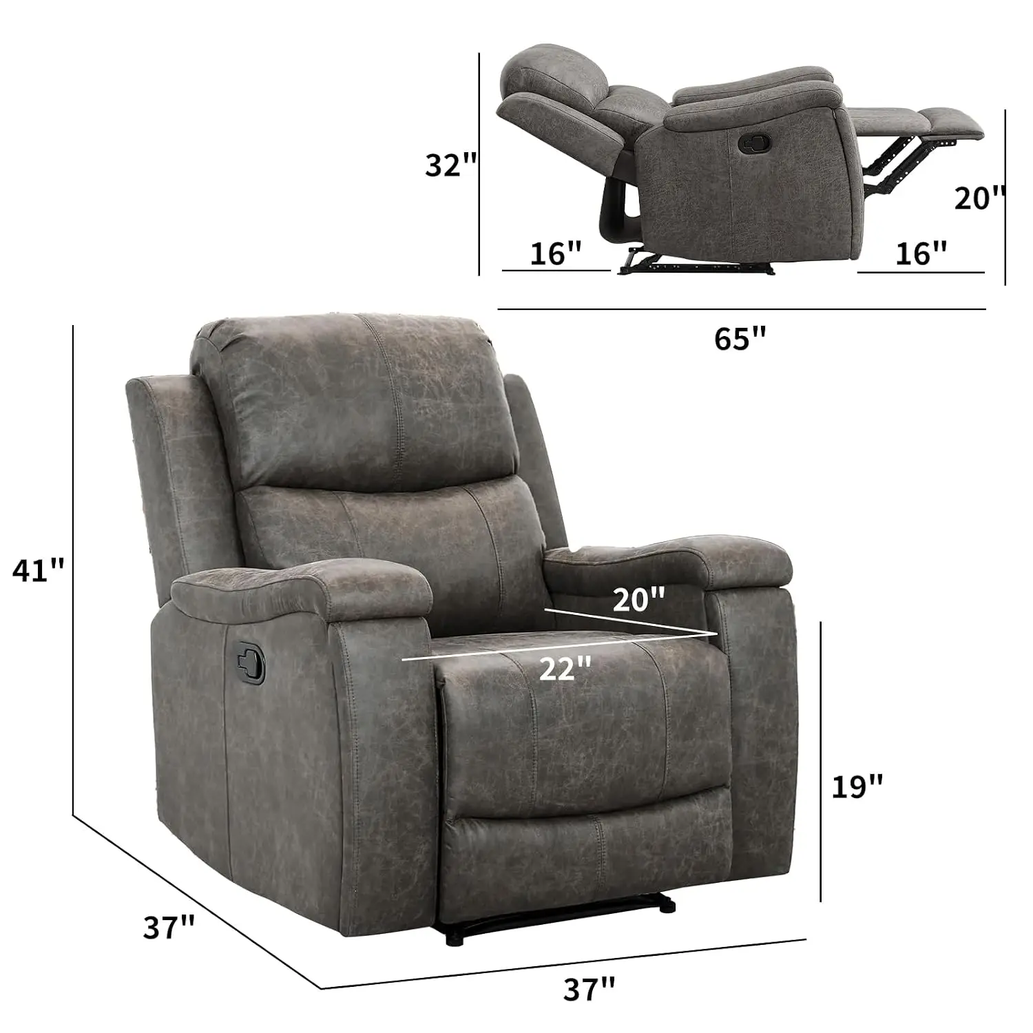 Leather Manual Recliner Chair with Overstuffed Arms & Back, Single Sofa with Concealed Cup Holders, Customized
