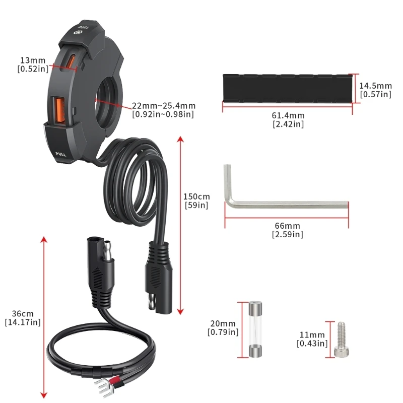 A70F Motorstuurmontagebeugel Motorfiets QC3.0 USB-oplaadadapter Waterdichte USB Type C-lichtnetadapter