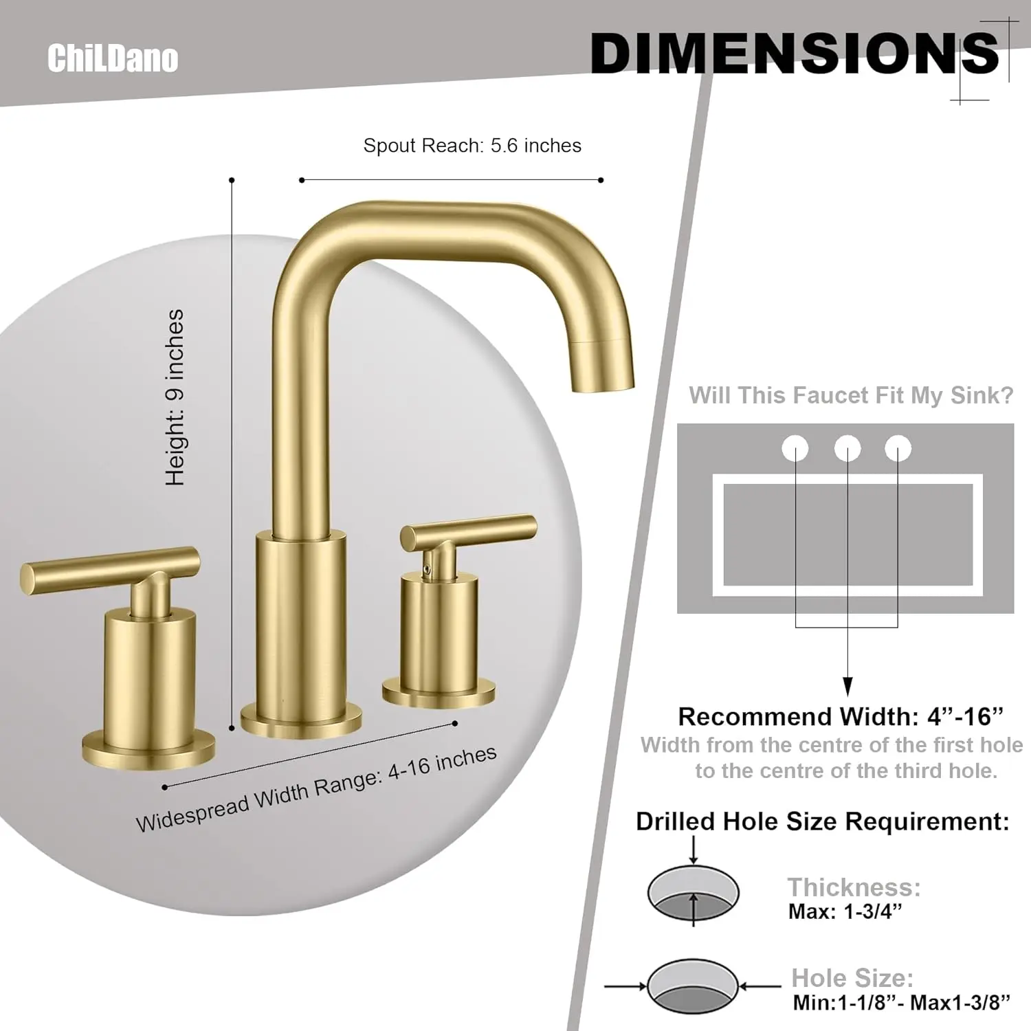 nch Widespread Bathroom Faucet With Drain And Supply Hose, 2 Handles Brushed Gold Bathroom Faucet For Sink 3 Hole, Childano