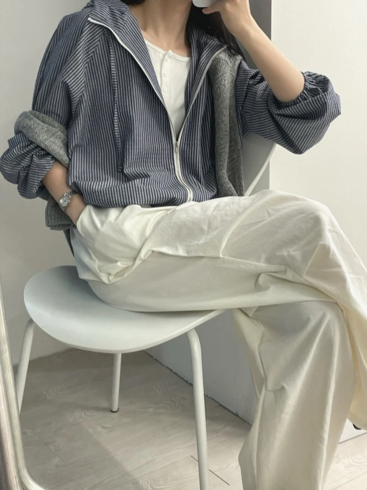 Dames Zonwering Jaet Loose Fit Gestreept Dstring Rits Open Vest Top Koreaanse Sle 2024 Nieuwe collectie