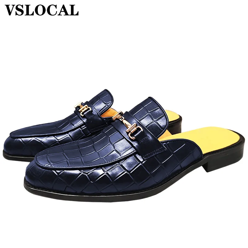 

Luxury Men's Mules Half Shoes Black Blue Crocodile Print Casual Dress Men Summer Shoes Comfortable Leather Shoes For Men