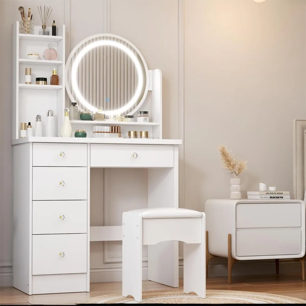 

White Vanity Set with Round Lighted Mirror, Makeup Vanity Dressing Table with 5 Drawers, Shelves, Dresser Desk