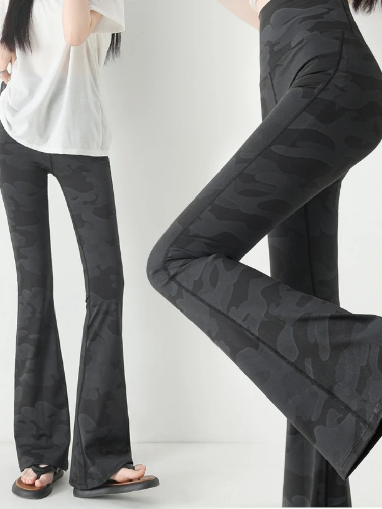 Spring High-waisted Camouflage Shark Leggings Women Yoga Pants Micro Flared Loose Fit Breathable Thin High Elasticity Long Pant