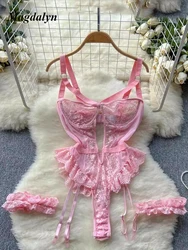 Magdalyn Women Floral Lace Strappy Bodysuits Erotic Bodycon Fashion One Piece Combination Rompers Sexy Push Up Underwire Onesie
