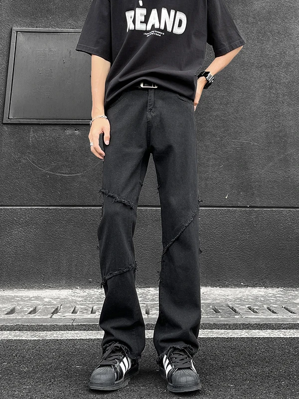

American High Street Pure Color Frayed Hem Denim Jeans Men's Spring Autumn Loose Design Sensation Cool High Waist Wide Leg Pants
