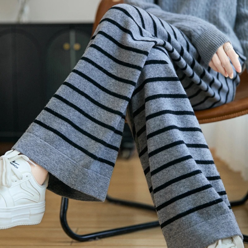 

Autumn Winter New Fashion High Quality 100% Merino Wool Loose Knit Stripe Wide Leg Drop Straight Trousers Elastic Waist Pants