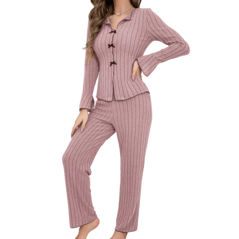 Women Fleece Lapel Pajamas Polyester Women Fleece Lapel Ribbed Bow Cardigan Set Flare Long Sleeve Pants Soft Autumn