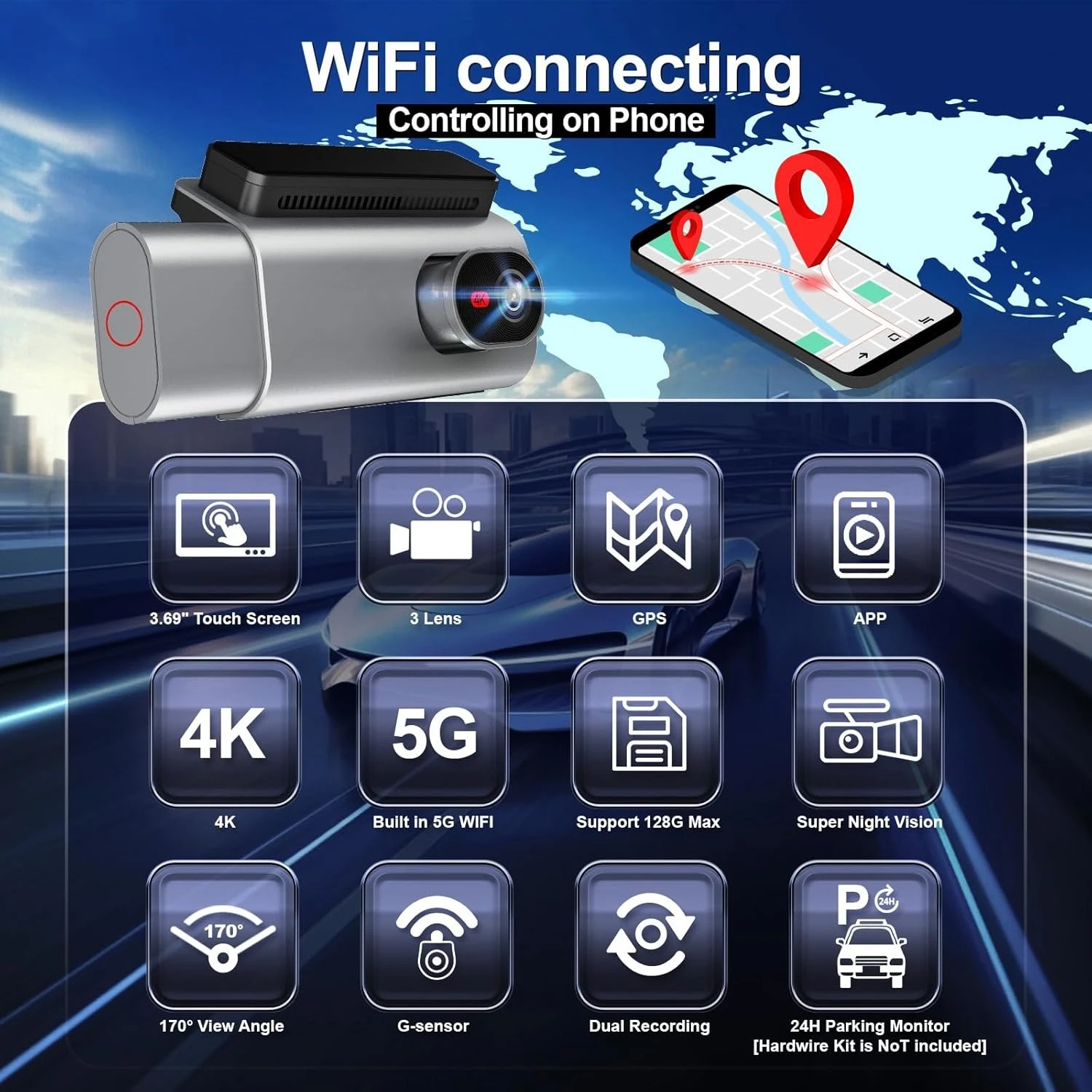 กล้องติดรถยนต์ 3 ช่องทาง 4K บันทึกภาพหน้า-หลัง-ภายใน สำหรับรถยนต์, เซ็นเซอร์ Sony, บันทึกภาพภายในและด้านหลัง 1080P, มุมมองกว้าง, มองเห็นในเวลากลางคืน, WiFi GPS, รุ่นยอดนิยม