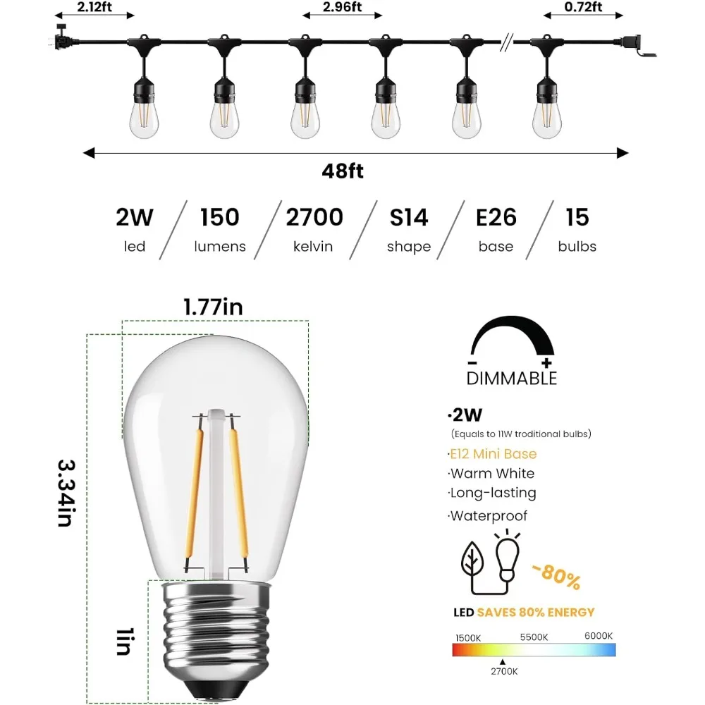 Luzes de corda externas Svater de 48 pés, iluminação de pátio de nível comercial de 2 W com 15 lâmpadas inquebráveis estilo Edison, IP65 à prova d'água