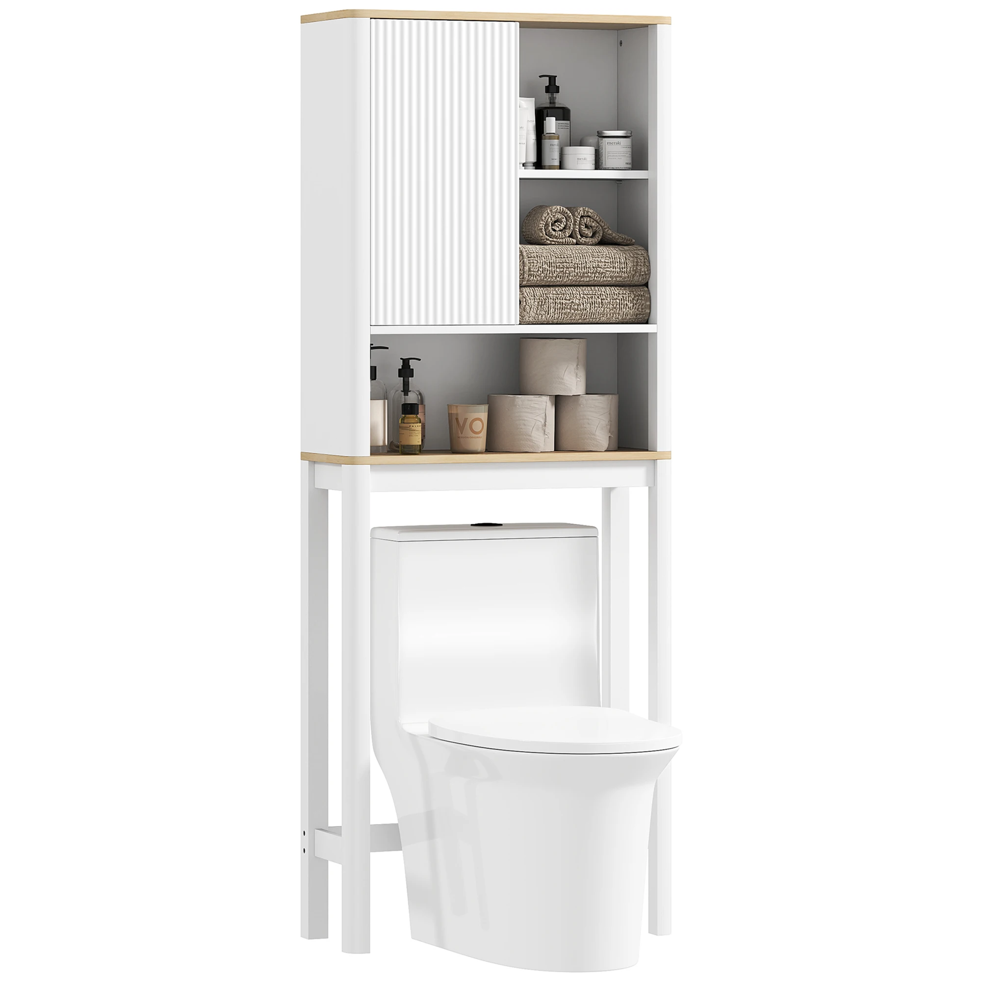 HOMCOM Mobile WC con armadietto a porta canelata, mobiletto bagno WC, armadietto bagno con scomparti aperti e ripiano regolabile, 65x25x cm, Bianco