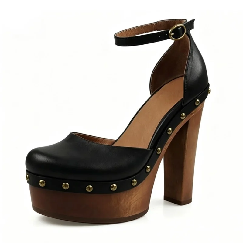 Retro Block Heel Ankle Strap Platform Pumps Gold Studded Black Brown Leather Round Toe Cutouts Chunky Heels Shoes