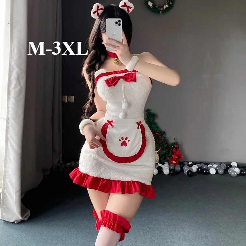 

Large Size Sexy Christmas Lingerie Dress French Apron Maid Cosplay Uniform Plush Bodycon Mini Dress Ruffle Tube Top Nightgown