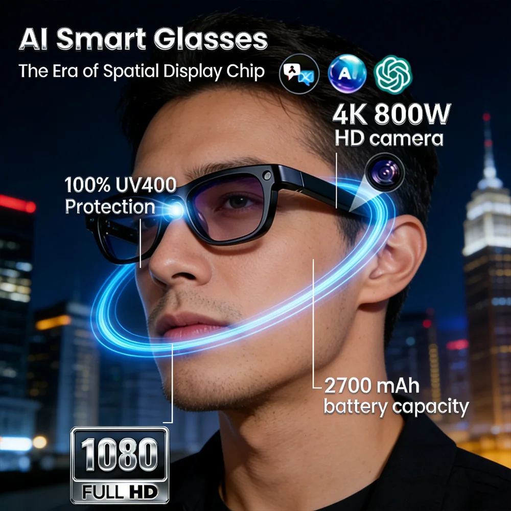 

Умные очки с ИИ, Bluetooth-звонками, камерой 4K HD, стабилизацией EIS, голосовым управлением, для путешествий, видеоблогинга, активного отдыха, совместимые с A
