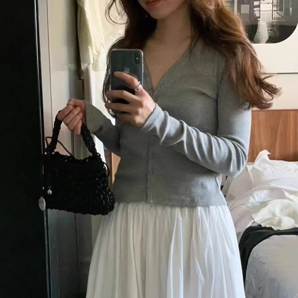 

Коврик, однотонный облегающий вязаный открытый кардиган с v-образным вырезом, весна 2025, Новое поступление, корейский женский длинный топ све