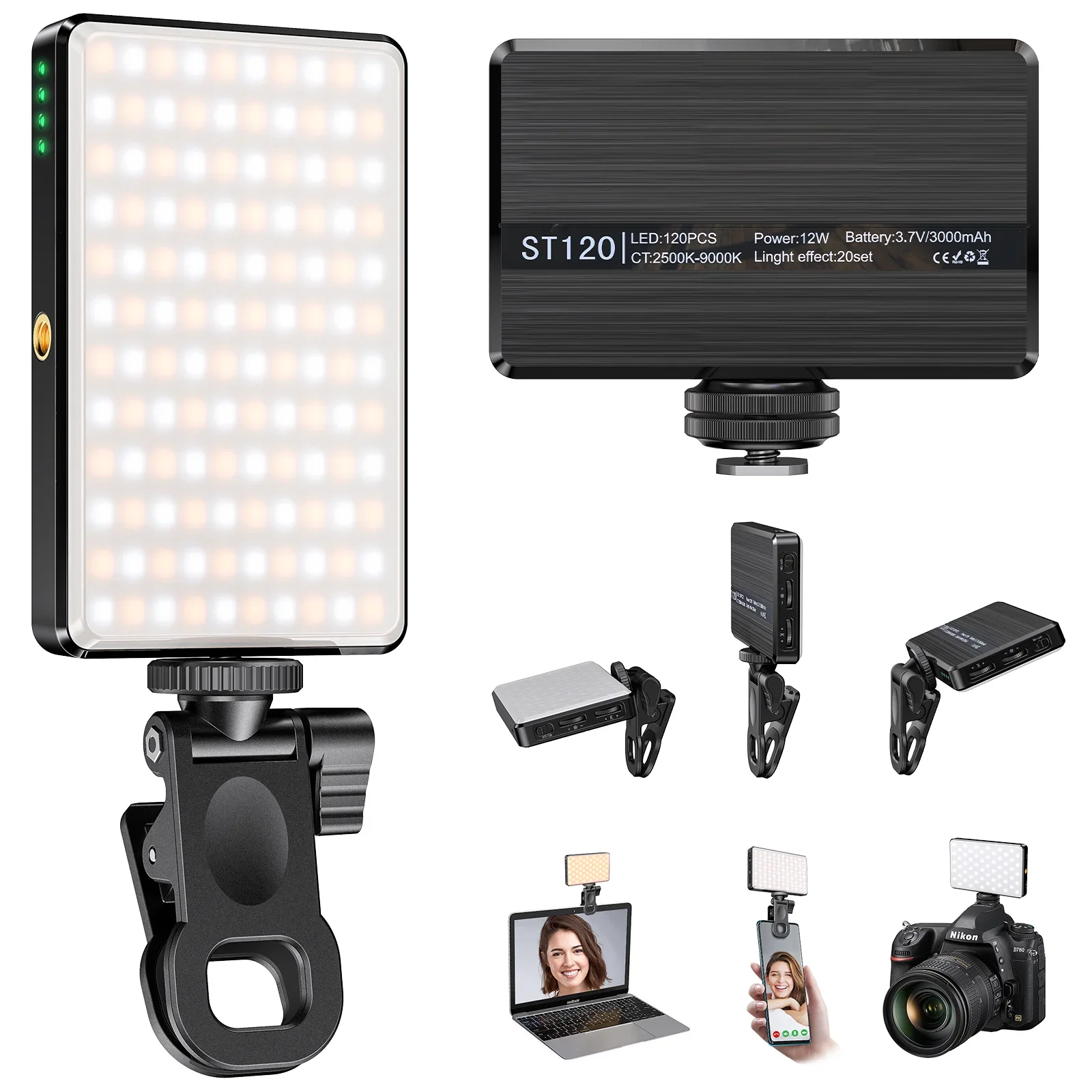 ST-120 Luz de vídeo LED Luz de relleno Recargable 3000 MAh Ajustado 3 modos de luz CRI95 Mini luz portátil para selfies 2500-9000K