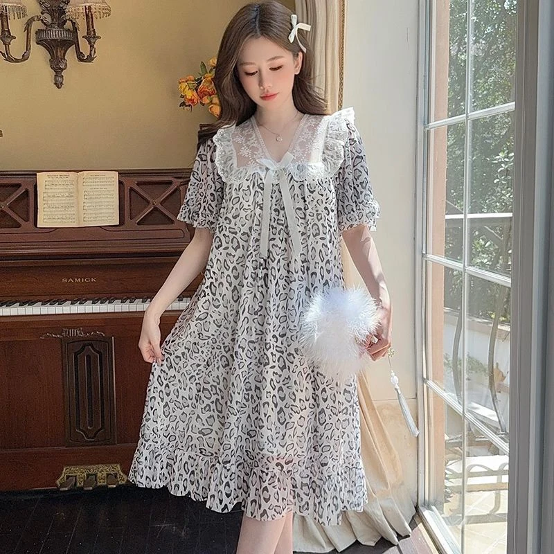 

Лето 2025 года, сексуальные кружевные леопардовые хлопковые ночные рубашки с короткими рукавами для женщин, корейская милая одежда для сна, ночное платье, ночная рубашка, домашняя ночная рубашка