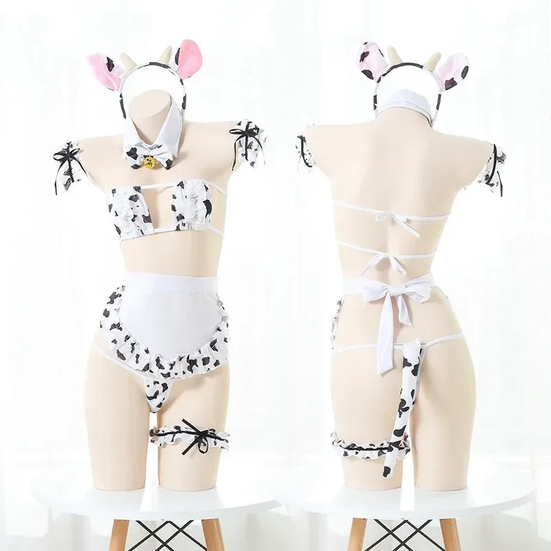 HN8 Anime Girls Maid Lencería Copa cuadrada Mini sujetador G-string Delantal Diadema Medias Bikini Mujeres Sexy Vaca de leche Cosplay Costo) 4Dc