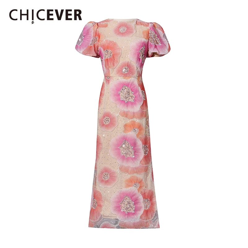 

CHICEVER Hit Color Spliced Flowers Casual Dress Female O Neck Short Sleeve Sweet Women's Long Dresses Summer Style Fashion New