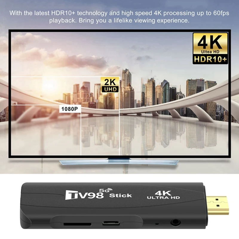 1GB + 8GB TV98 Stick Set-Top Box 4K عالي الوضوح بلوتوث مزدوج 5G واي فاي أندرويد 12، مشغل وسائط متعددة ذكي
