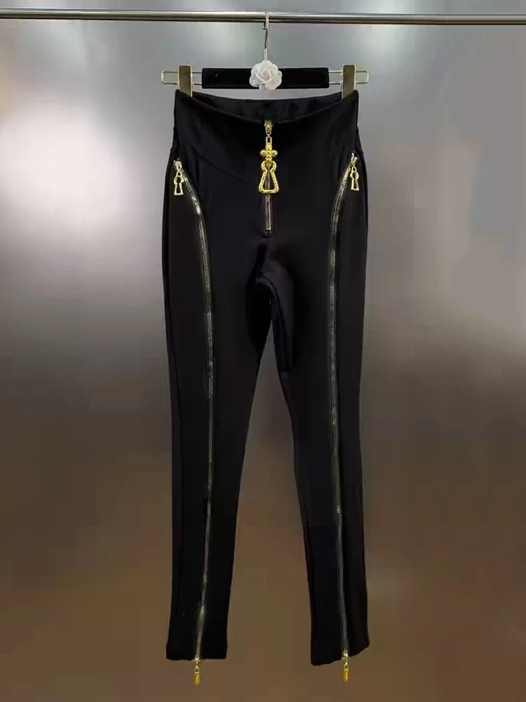 Retro Irregular Metal Zipper High Waist Small Leg Pants Summer Women's Clothing Fashion Versatile Tight Nine-Point Pants