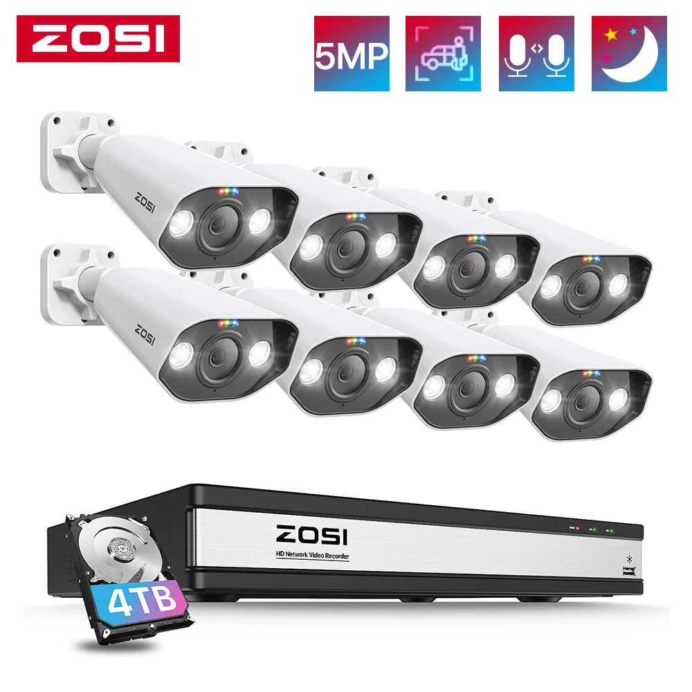 ZOSI 5MP PoE Security Camera System Bullet IP Camera 4K 16CH NVR with AI Person Vehicle Detection Cctv Video Surveillance Kit