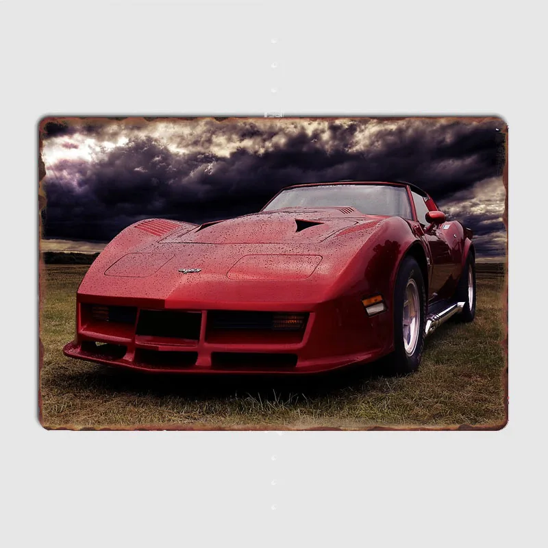 Stingray, Red Corvette Classic Sport Car Metal Sign Poster Garage Car Decoration Room Decor Automobile Club Tin Sign Home Decor