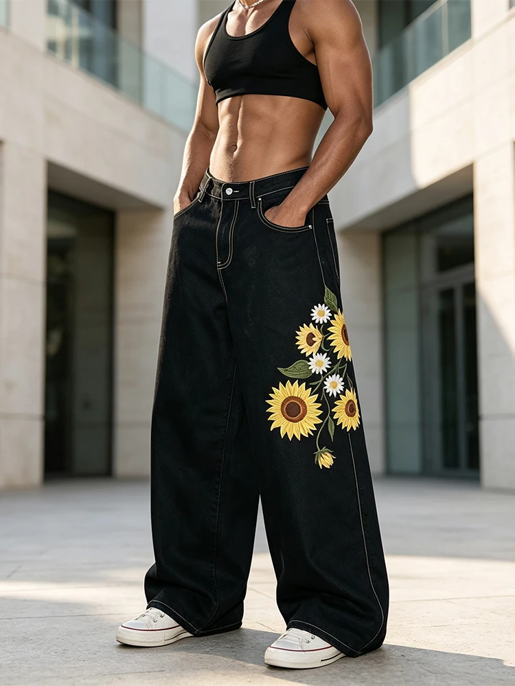Vintage Denim Wide Leg Trousers Fashionable Contrast Color Pattern Embroidery Breathable Casual Bottoms Mens 2026 Fall Trousers