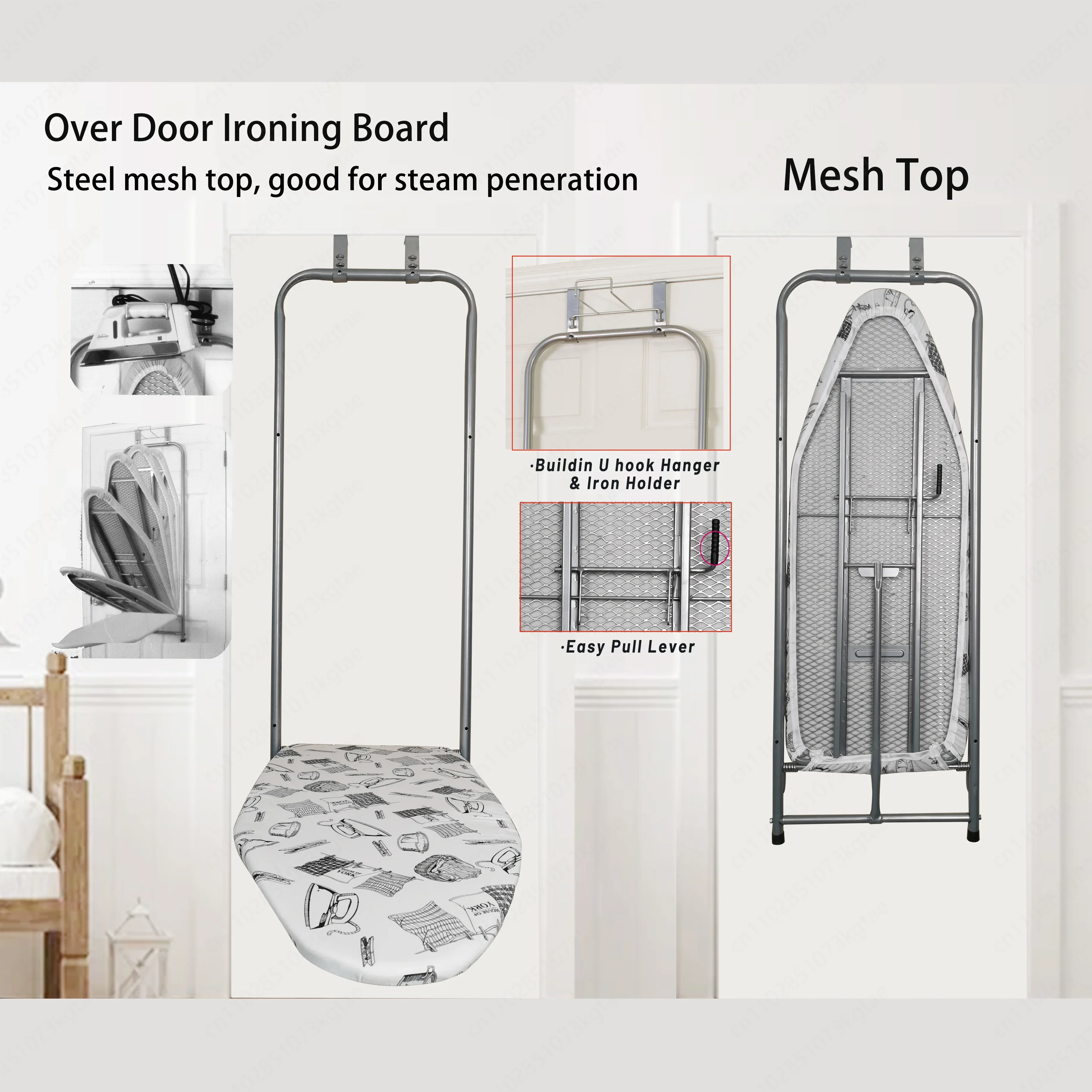 Wall Mounted Ironing Board Mesh Top Folding Iron Table with Hook on Door