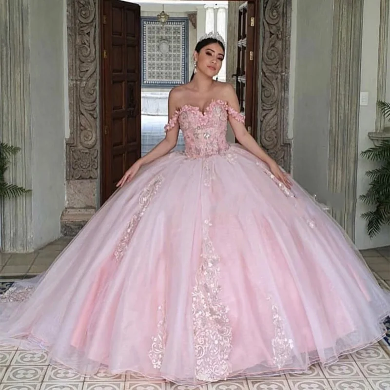 Lorencia-vestido De quinceañera con hombros descubiertos para mujer, apliques florales 3D con capa, rosa, dulce 16, 15 Años, YQD591