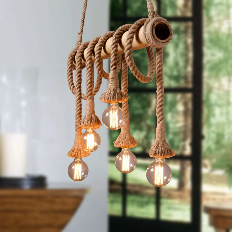 Retro 4/6 Heads Rope Pendant Lights Loft Vintage Lamp Restaurant Bedroom Diningroom Pendant Lamp Hand Knitted Hemp Rope Light