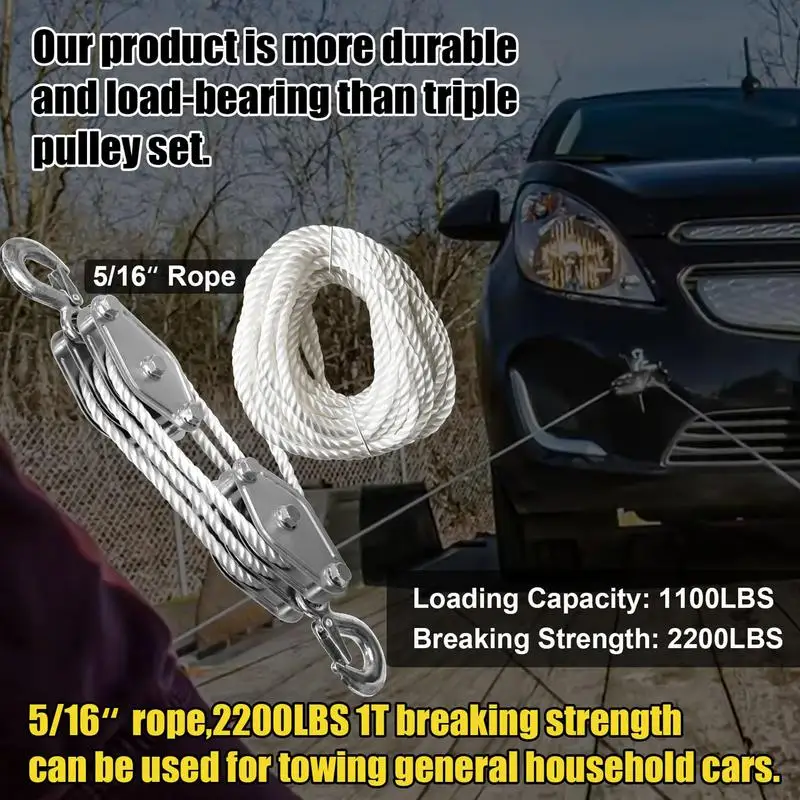 Block And Tackle 50 Ft 3/8 Rope Pulley Hoist With 5:1 Lifting Power 2200 Lbs Breaking Strength Heavy Duty Pulley System Rope