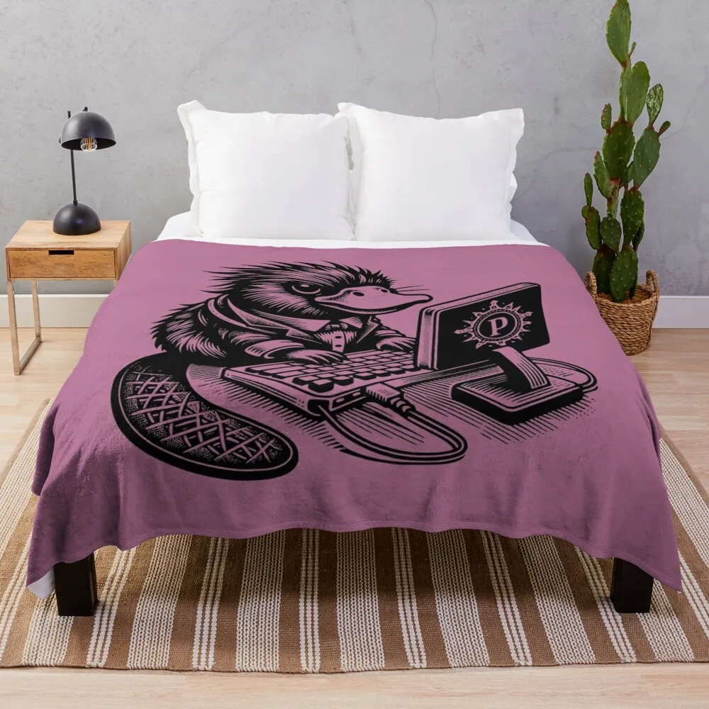 Punk Rock Goth Platypus on Computer Vintage Style Throw Blanket Decoratives Retros warm for winter Winter beds Blankets