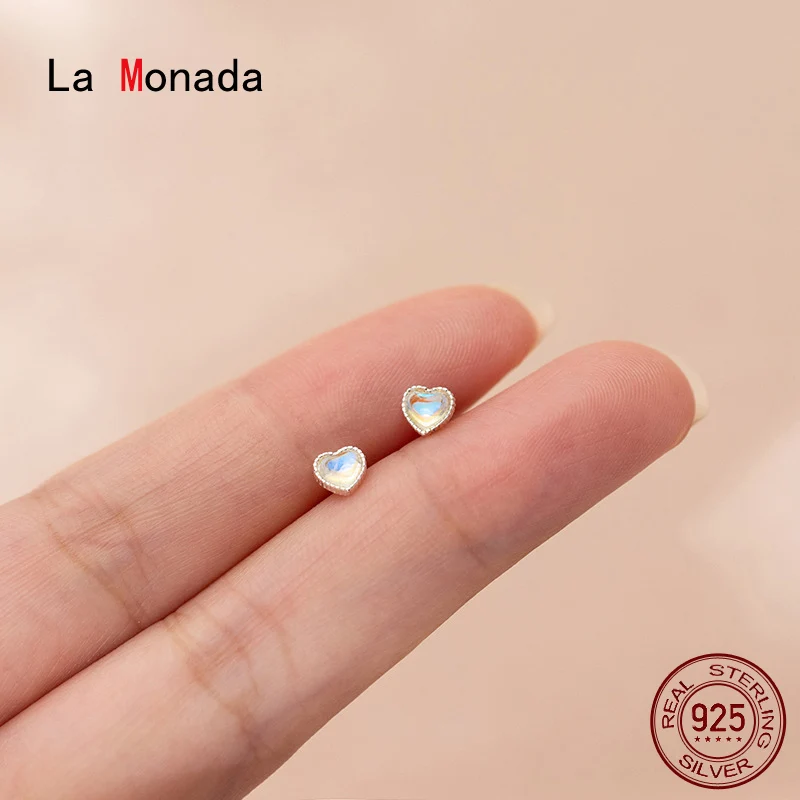 La Monada Heart Stud Earrings 925 Sterling Silver 925 Small Nut Silver Earrings For Women Silver Stone Girls Student Moonstone