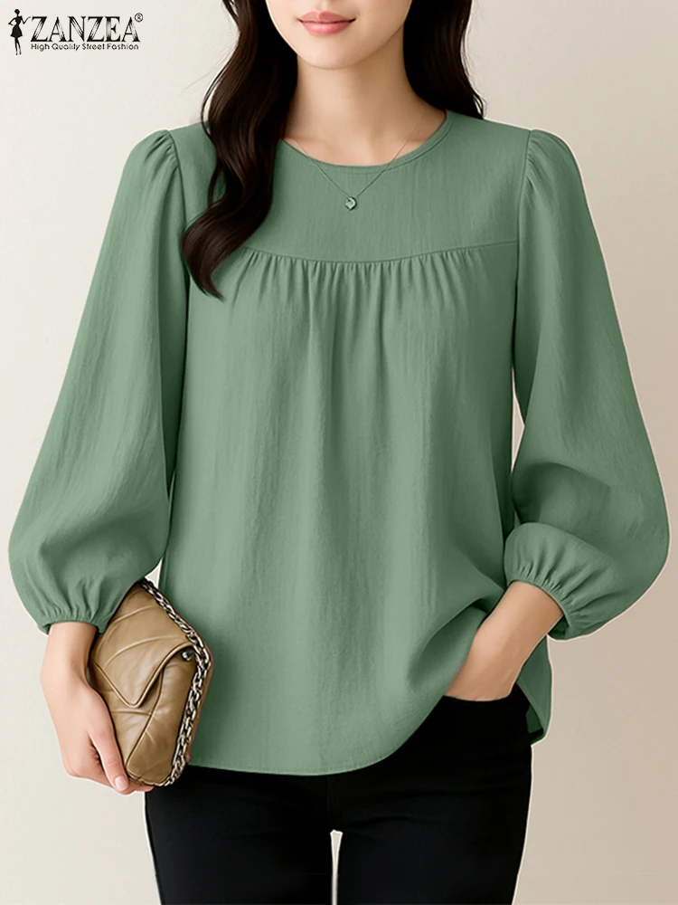 

Plus Size 5XL ZANZEA Women Blouse Vintage Lantern Sleeve Fashion Tops Casual Loose 3/4 Sleeve Tunic Elegant Office Solid Blusas