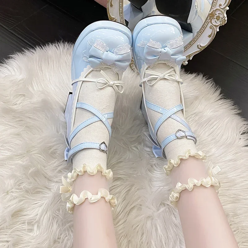 Kobiety Platforma Lolita Shoes Bow Mary Janes Shoes Party High Heels Trend Kawaii Leather Shoes Lace Chunky Sandalias De Muje