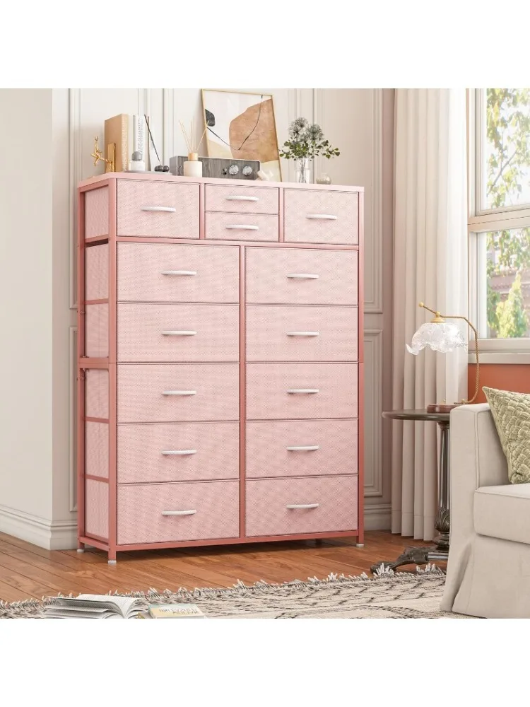 Cómoda rosa, cómoda para dormitorio de niñas con 14 cajones de tela, cómoda y cómoda rosa, cómoda alta para dormitorio