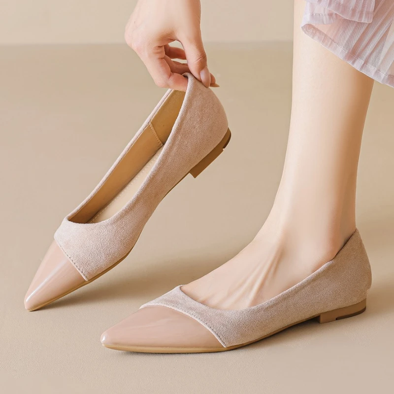 

Модные замшевые туфли Мэри Джейн на плоской подошве в стиле пэчворк, женские лоферы во французском стиле с острым носком, удобная женская обувь для поездок на работу