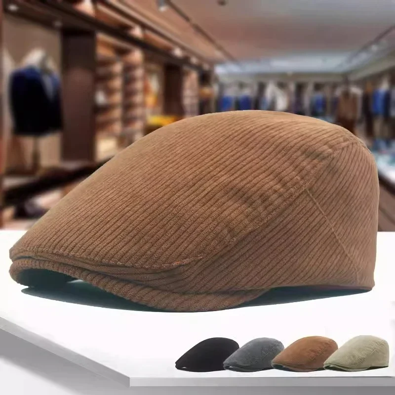 Fashion Corduroy  Caps Autumn Winter Beret Horn Retro Peaked Cap Forward Hat for Men Women Peaky Blinder Caps Berets