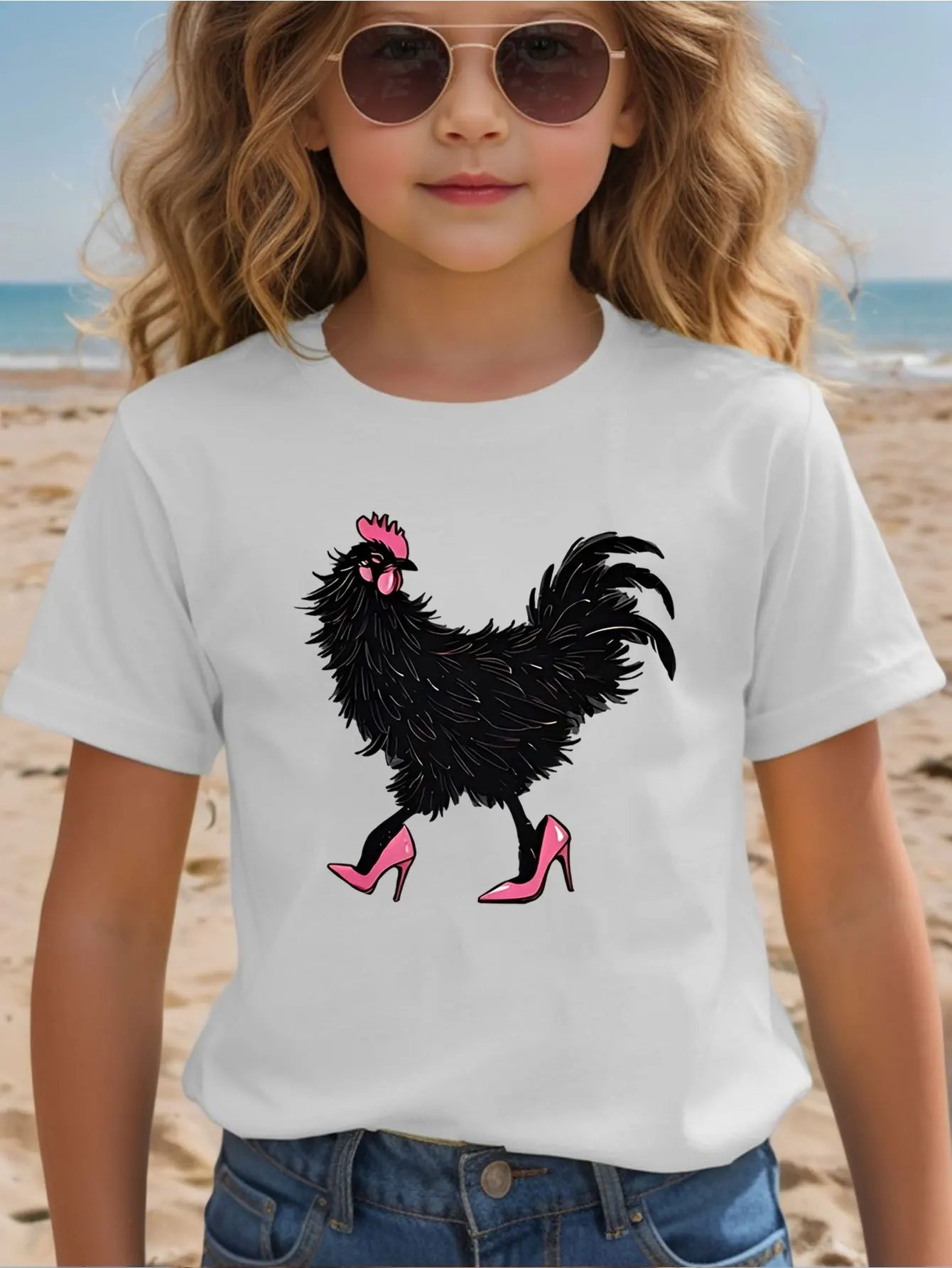 Funny Black Chicken Pink High Heels Kids T Shirt Boys Girls Family Matching Parent Child Summer Crew Neck Children Casual Tee
