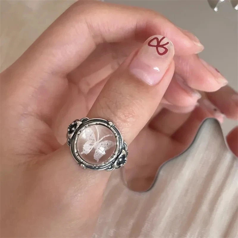 Imitation White Crystal Butterfly Printing Ring Unique Niche Retro High-end Feeling Handmade Fashion Personalized Ring Jewelry