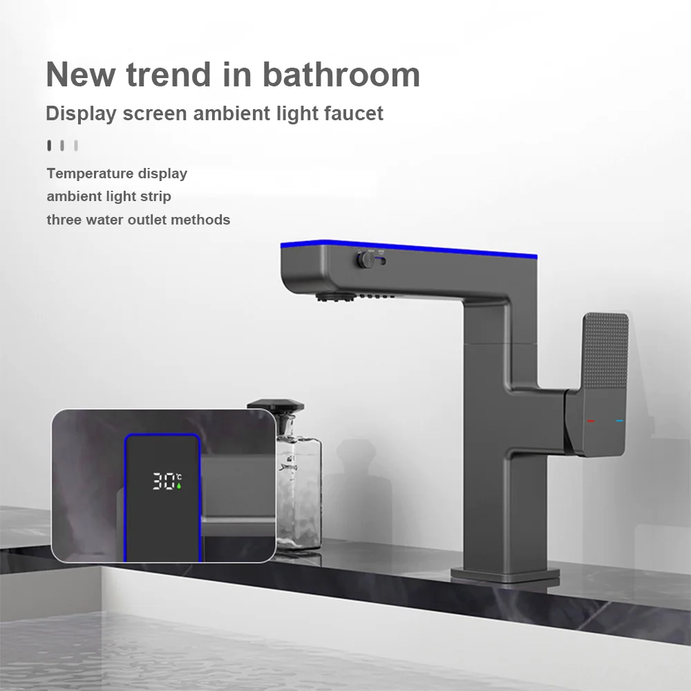 Moderne Luxus Digital Display Bad Wasserhahn Einzigen Loch Deck Montieren Messing Mixer Waschbecken Wasserhahn Waschgefäß Badezimmer Waschbecken Armaturen Farbwechsel Atmosphäre Lampe Wasserhahn für Bad