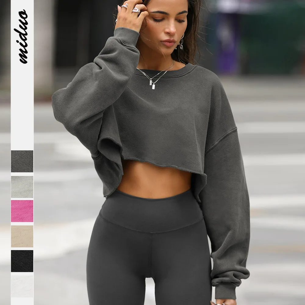 Women's Cropped Pullover Spring Autumn Female Solid Color Cut Round Neck Top Lady's Sportswear Jacket Women's Streetwear Tops