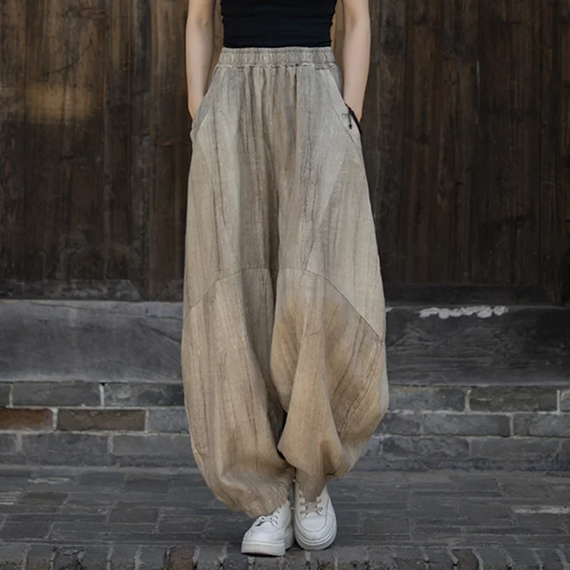 

Pop Elegant Women's Cotton Linen Baggy Cargo Pants Vintage Elastic Waist Yoga Trousers Loose Casual Long Wide Leg Oversize Cloth