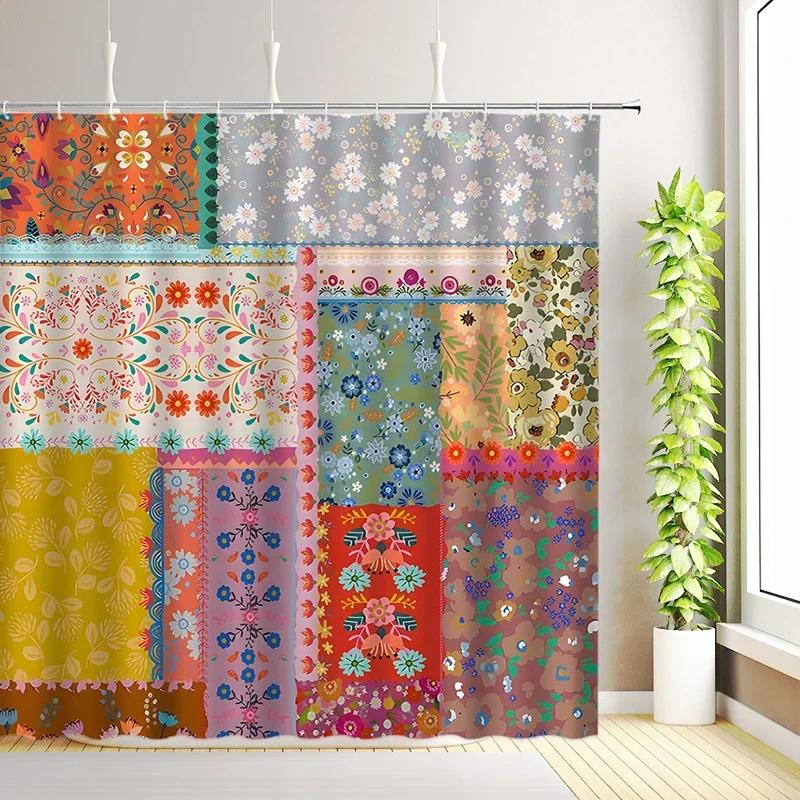 

JY01Boho Floral Patchwork Shower Curtain Flowers Plants Green Leaves Geometric Bath Curtains Fabric Bathroom Decor with Hooks&@1