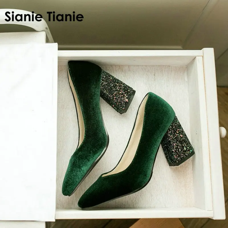 

Sianie Tianie velour velet classic woman pumps shoes green burgundy stilettos glitter bling block high heels women shoes size 45