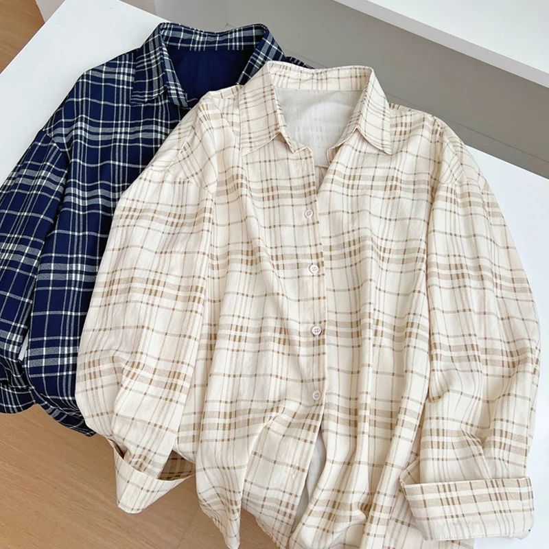 Camisa de rejilla retro azul para primavera y otoño para mujer, nuevo modelo de otoño, abrigo de manga larga de estilo francés, básico etéreo sofisticado informal