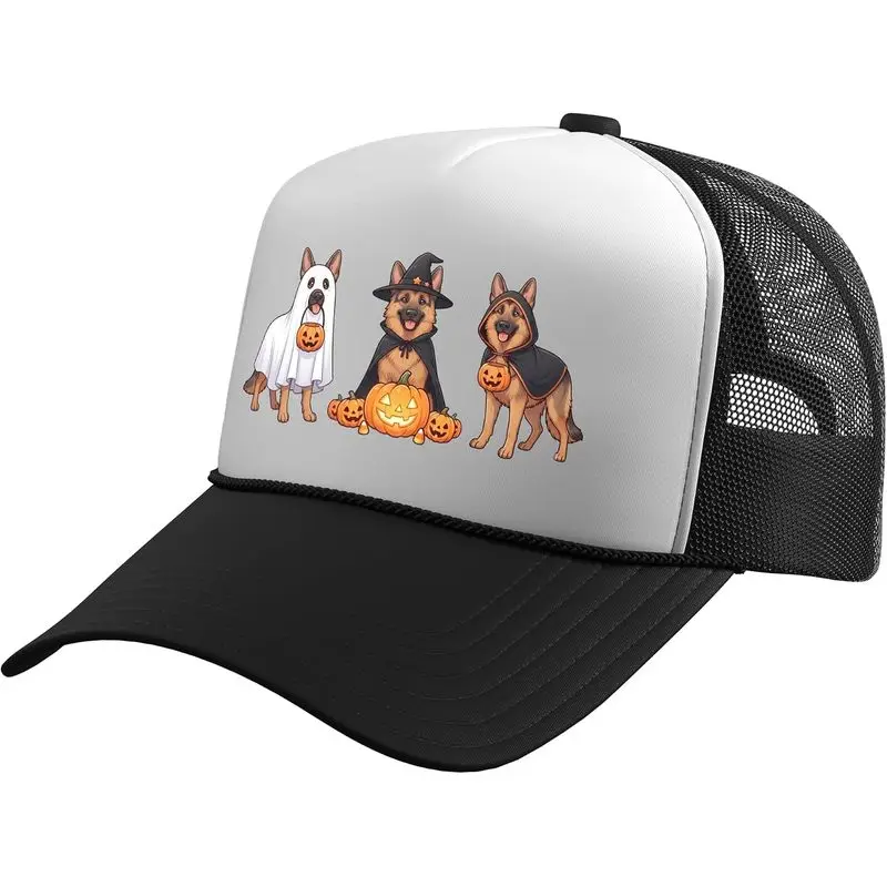 German Shepherd Halloween Witch Ghost Pumpkin Dog Trucker Hat with Adjustable Mesh Back