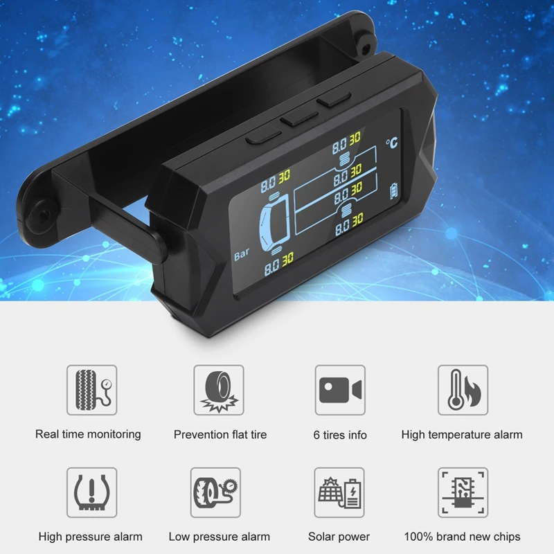 

Universal TPMS Wireless Tire Pressure Monitoring System Solar Power LCD Display 6 External Sensor For Truck