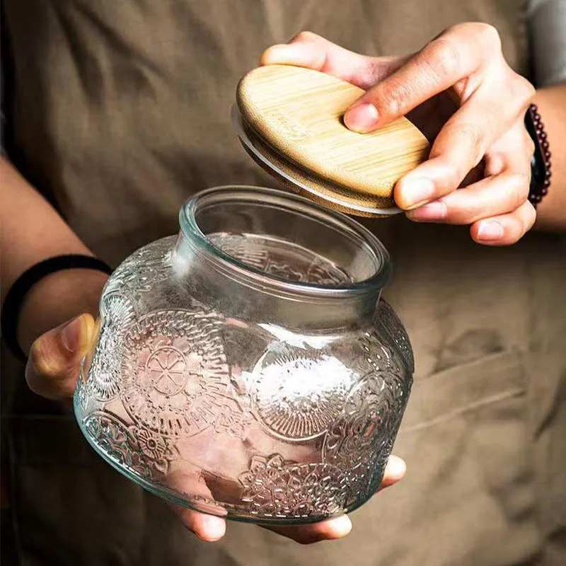 Relief Glass Storage Jar of Crabapple Flower Clear Candy Box Home Airtight Container Kitchen Storage Glass Bottle Candle Holder